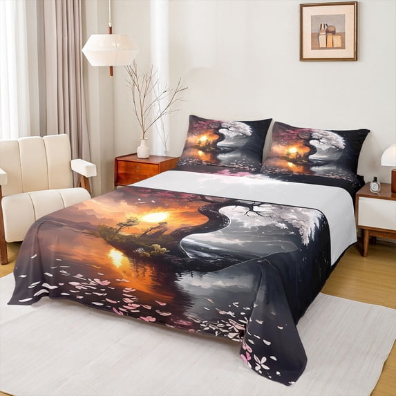 Homewish Tree Of Life Twin Sheet Sets,Natural Landscape Twin Fitted Sheet,Orange Sunset Flat Sheet For Girls Kids,Microfiber Bedroom Decor,3 Pieces