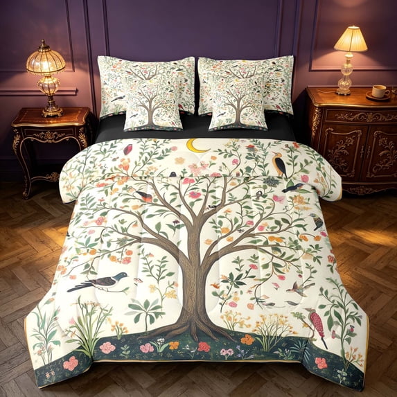 Homewish Tree of Life Flower Twin Bedding, Botanical Animal Theme Bedding Comforter Set, Black Reversible 7pcs