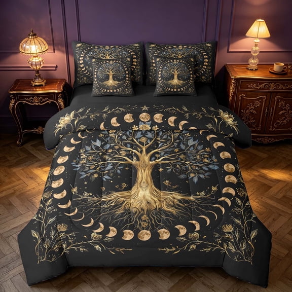 Homewish Tree of Life Twin Bedding, Vintage Moon Phase Bedding Comforter Set, Black Reversible 7-Piece