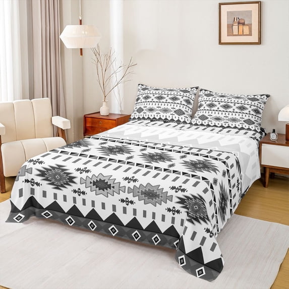 Homewish Triangle Rhombus Geometric Full Size Sheets,Vintage Bohemian Aztec Bed Sheets,Gray White Sheet Sets For Adults,Luxury Bedroom Decor,4-Piece
