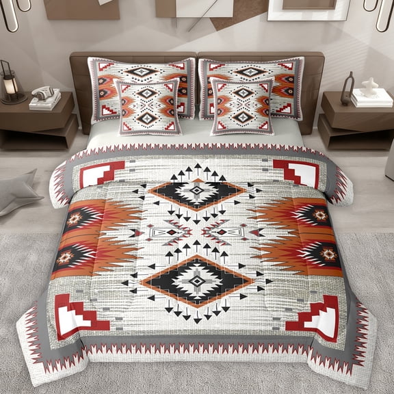 Homewish Tribal Aztec Adult Bedding Comforter Set 7pcs, Sliver Triangle Abstract Queen Bedding Sets, Western Hippie Bohemian Reversible Queen Sheet Sets, Luxury Bedroom Decor