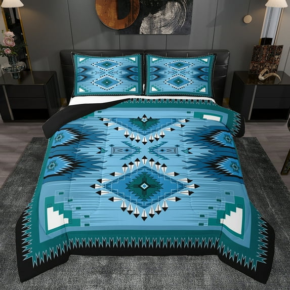 Homewish Tribal Aztec Adult Bedding Comforter Set, Blue Triangle Abstract Twin Comforter Sets, Western Hippie Bohemian Reversible Bedding Set, Ultra Soft Bedroom Decor, 2 Pieces