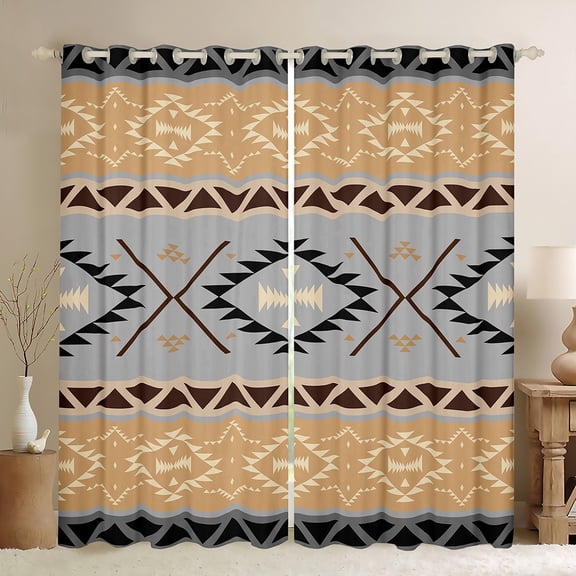 Homewish Tribal Aztec Adult Black Out Curtains, Wheat Grey Triangle Curtains Pack of 2 (42x63 Each), Vintage Western Bohemian Bedroom Curtains, Window Curtains Home Decor