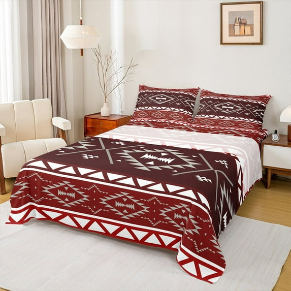 Homewish Tribal Aztec Adult Full Size Sheets, Red Maroon Triangle Bed Sheets, Vintage Western Bohemian Sheet Sets, Lightweight Room Decor, 4-Piece