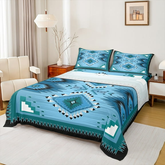 Homewish Tribal Aztec Adult Twin Sheet Sets, Blue Triangle Abstract Twin Fitted Sheet, Western Hippie Bohemian Flat Sheet, Ultra Soft Bedroom Decor, 3 Pieces