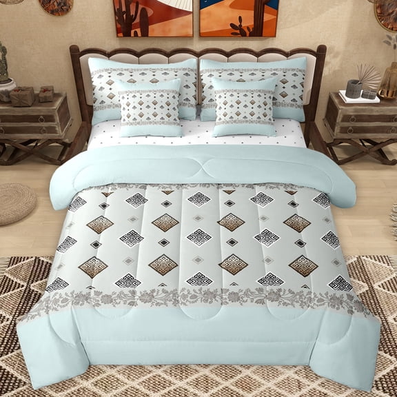 Homewish Tribal Aztec Square Twin Bedding Sets 7-Piece, Retro Damask Flower Bedding Comforter Set, Blue Bohemian Style Reversible Sheet Sets, Ultra Soft Bedroom Decor