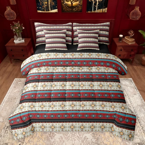 Homewish Tribal Aztec Twin Bedding Sets 7-Piece for Boys Girls,Bohemian Flower Bedding Comforter Set Microfiber,Abstract Hippie Geometric Stripes Breathable Sheet Sets,Super Cozy Room Decor