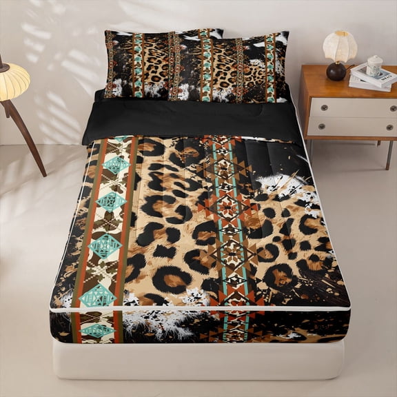 Homewish Tribal Aztec Zipper Twin Comforter Sets with Fitted Sheet and 2 Pillowcases, Leopard Cheetah Print Zipper Bedding Set, Black Reversible, 4pcs