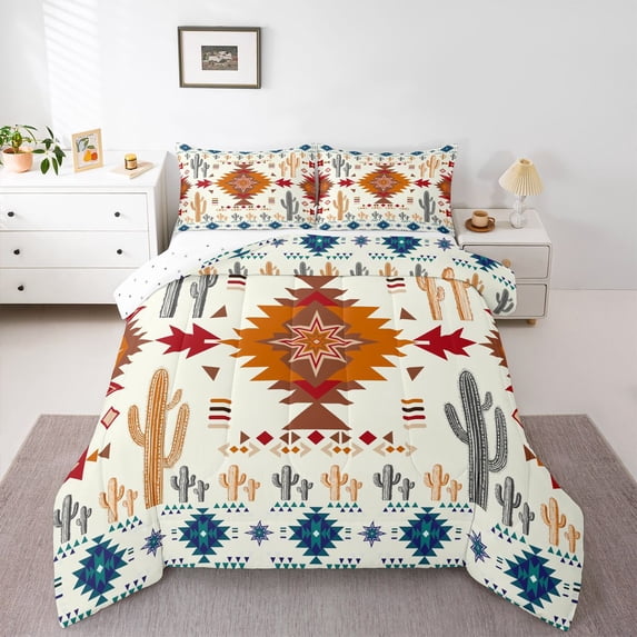 Homewish Tribal Boho Aztec Queen Comforter Set for Teen, Retro Orange Abstract Bedding Sets, Southwestern Reversible Bedding Comforter Set, Super Cozy Room Decor, 3 Pieces