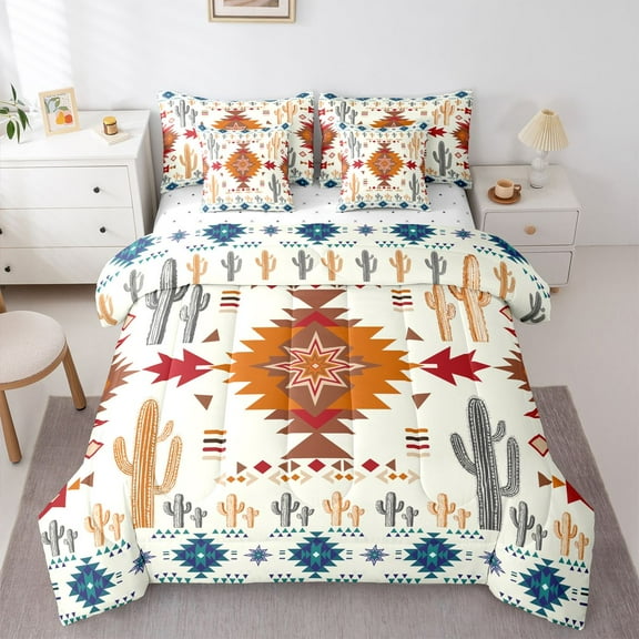 Homewish Tribal Boho Aztec Twin Bedding Sets 7-Piece for Teen, Retro Orange Abstract Bedding Comforter Set, Southwestern Reversible Sheet Sets, Super Cozy Room Decor