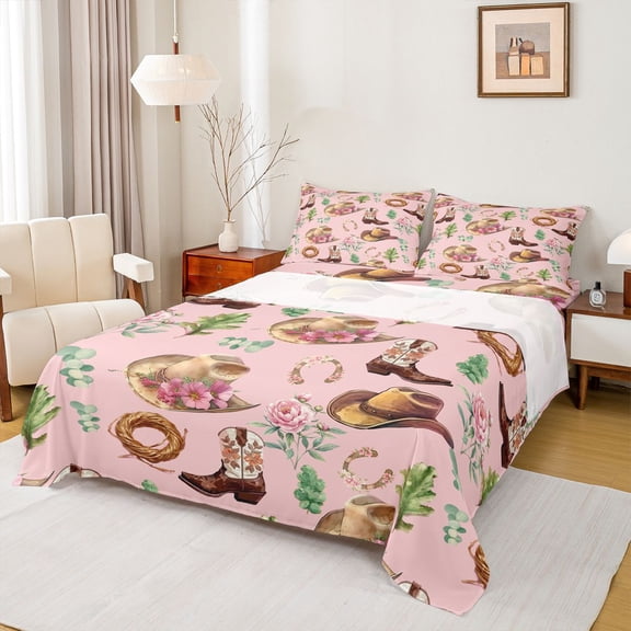 Homewish Tribal Cowgirl Hat Twin Sheet Sets for Teen, Western Hippie Floral Twin Fitted Sheet, Leaf Plant Botanical Flat Sheet, Luxury Bedroom Decor, 3 Pieces