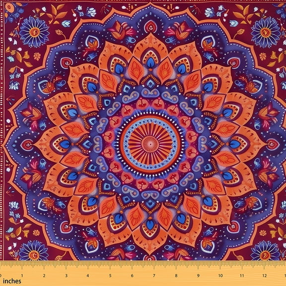 Homewish Tribal Damask Fabric by the Yard 1 Yard for Adult, Bohemian Flower Floral Room Decor Fabric by the Yard, Red Orange Hippie Mandala Theme Sewing Fabric, Breathable Home Decor