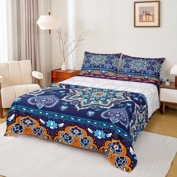 Homewish Tribal Damask Flower Twin Sheet Sets, Vintage Western Fshion Twin Fitted Sheet, Navy Orange Mandala Flat Sheet, Breathable Home Decor, 3 Pieces