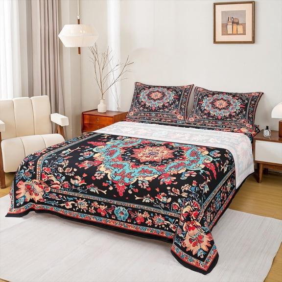 Homewish Tribal Damask Flower Twin Sheet Sets for Women, Western Old Fashion Twin Fitted Sheet, Hippie Bohemian Style Flat Sheet, Ultra Soft Bedroom Decor, 3-Piece