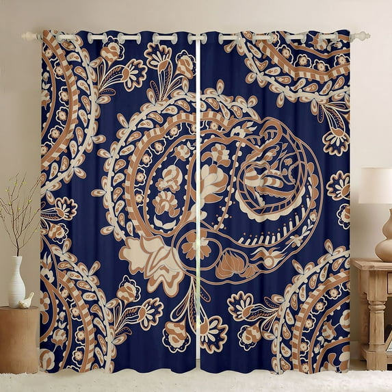 Homewish Tribal Damask Paisley Black Out Curtains, Navy Hippie Bohemian Curtains Pack of 2 (42x63 Each), Rustic Farmhouse Bedroom Curtains, Black Out Curtains Decor