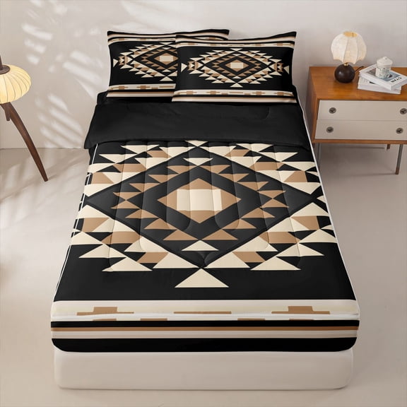 Homewish Tribal Diamond Zipper Twin Comforter Sets with Fitted Sheet and 2 Pillowcases For Men And Women,Beige Black Tan Southwestern Zipper Bedding Set,Black Reversible,4 Pieces