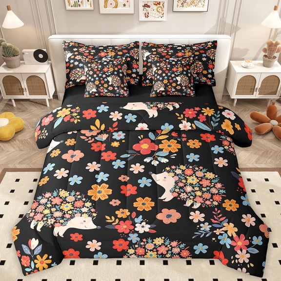 Homewish Tribal Flower Hedgehog Bedding Comforter Set 7pcs, Cartoon Cherry Blossoms King Bedding Sets, Kawaii Animal Reversible Bed Sheets, Luxury Bedroom Decor
