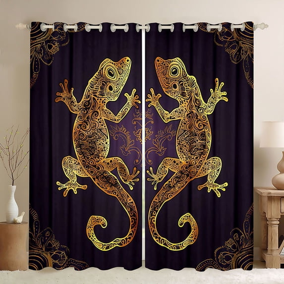 Homewish Tribal Gold Gecko Black Out Curtains, Vintage Purple Damask Flower Curtains Pack of 2 (42x63 Each), Western Bohemian Animal Bedroom Curtains, Blackout Curtains Home Decor