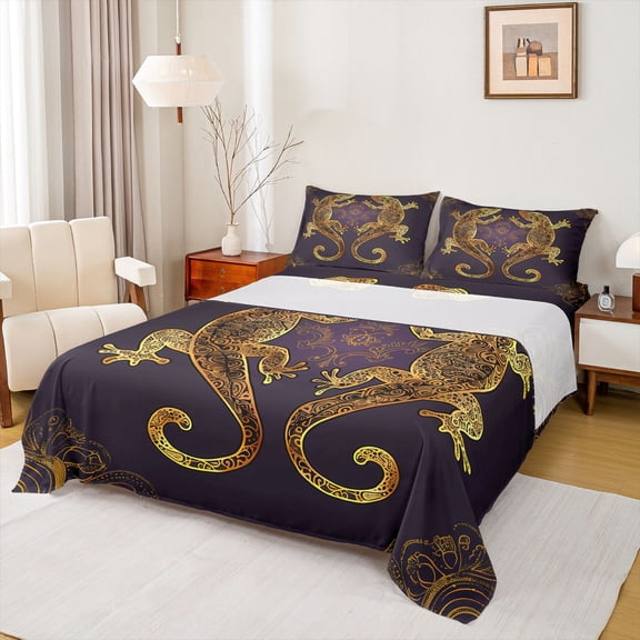 Homewish Tribal Gold Gecko Queen Sheet Sets, Vintage Purple Damask Flower Flat Sheet, Western Bohemian Animal Queen Fitted Sheet, Breathable Home Decor, 4pcs