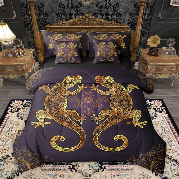 Homewish Tribal Gold Gecko Twin Bedding Sets 7-Piece, Vintage Purple Damask Flower Bedding Comforter Set, Western Bohemian Animal Reversible Sheet Sets, Breathable Home Decor