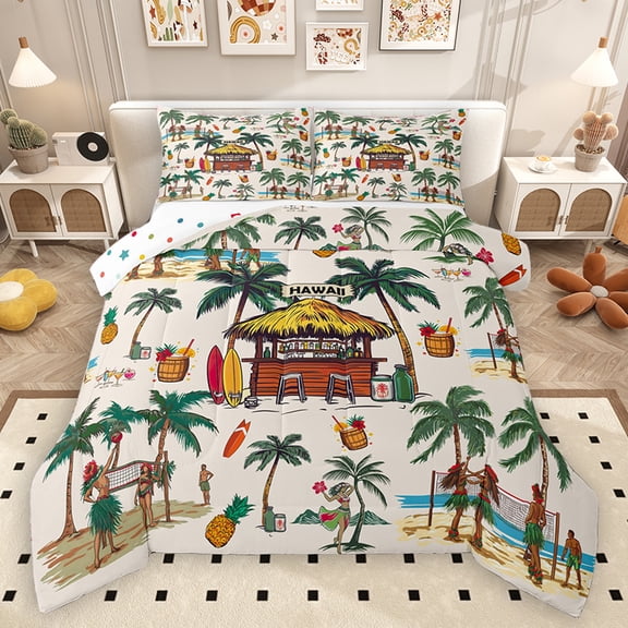 Homewish Tribal Hawaii Beach Queen Comforter Set, Marine Summer Holiday Bedding Sets, Tropic Coconut Tree Reversible Bedding Comforter Set, Microfiber Bedroom Decor, 3pcs