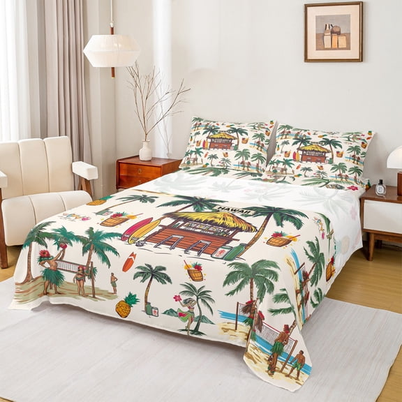 Homewish Tribal Hawaii Beach Queen Sheet Sets, Marine Summer Holiday Flat Sheet, Tropic Coconut Tree Queen Fitted Sheet, Microfiber Bedroom Decor, 4pcs
