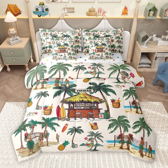 Homewish Tribal Hawaii Beach Twin Bedding Sets 7-Piece, Marine Summer Holiday Bedding Comforter Set, Tropic Coconut Tree Reversible Sheet Sets, Microfiber Bedroom Decor
