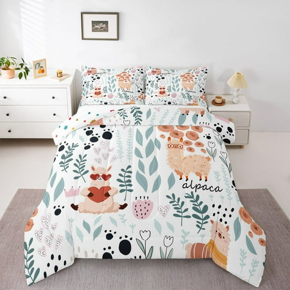 Homewish Tribal Hippie Alpaca Queen Comforter Set, Rustic Leaf Botanical Bedding Sets, Countryside Theme Reversible Bedding Comforter Set, Lightweight Room Decor, 3-Piece