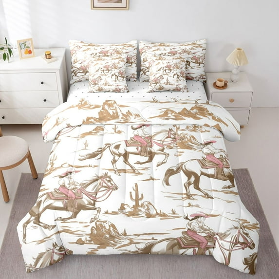 Homewish Tribal Horse Animal Twin Bedding Sets 7-Piece for Kid, Vintage Western Cactus Bedding Comforter Set, Rustic Cowgirl Reversible Sheet Sets, Microfiber Bedroom Decor
