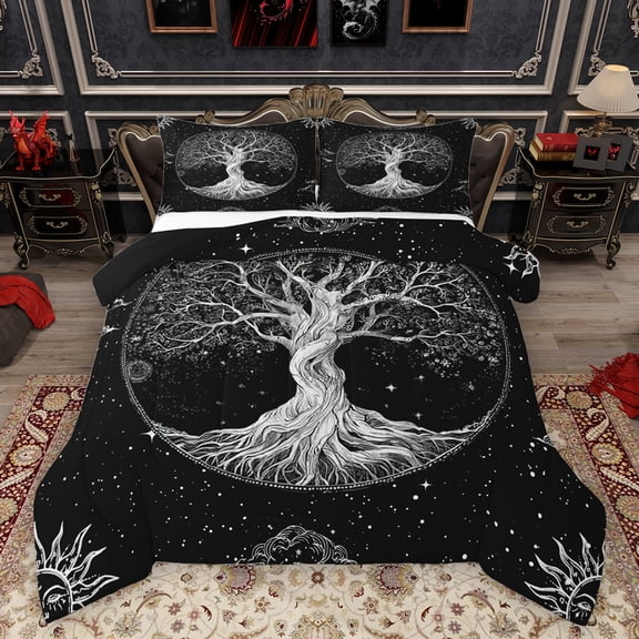 Homewish Tribal Life Tree Queen Comforter Set, Bohemian Plant Botanical Bedding Sets, Psychedelic Stars Sun Galaxy Reversible Bedding Comforter Set, Ultra Soft Bedroom Decor, 3 Pieces