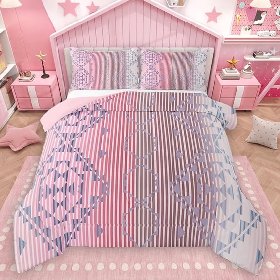 Homewish Tribal Pink Stripes Full Size Comforter Sets, Aztec Triangle Abstract Bedding Comforter Set, Vintage Bohemian Style Reversible Bedding Sets, Luxury Bedroom Decor, 3pcs