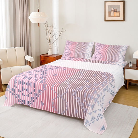 Homewish Tribal Pink Stripes Twin Sheet Sets, Aztec Triangle Abstract Twin Fitted Sheet, Vintage Bohemian Style Flat Sheet, Luxury Bedroom Decor, 3pcs