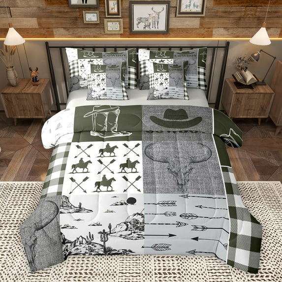 Homewish Tribal Sheep Skeleton Bedding Comforter Set 7 Pieces, Grey Olive Buffalo Full Bedding Set, Rustic Western Hunting Reversible Fitted Sheet Flat Sheet, Lightweight Room Decor