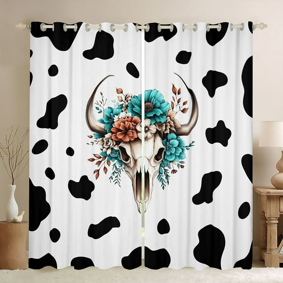 Homewish Tribal Sheep Skeleton Curtains Pack of 2 (42x84 Each) for Kids, Fashion Cow Print Curtains Blackout, Hippie Western Flower Bedroom Curtains, Black Out Curtains Decor