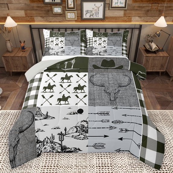 Homewish Tribal Sheep Skeleton Full Size Comforter Sets, Grey Olive Buffalo Bedding Comforter Set, Rustic Western Hunting Reversible Bedding Sets, Lightweight Room Decor, 3pcs