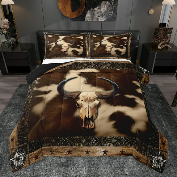 Homewish Tribal Sheep Skeleton Queen Comforter Set, Vintage Brown Cow Print Bedding Sets, Southwestern Theme Reversible Bedding Comforter Set, Microfiber Bedroom Decor, 3-Piece