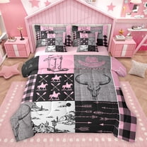 Homewish Tribal Sheep Skeleton Twin Bedding Sets 7-Piece, Pink Grey Buffalo Checkered Bedding Comforter Set, Rustic Western Hunting Reversible Sheet Sets, Lightweight Room Decor