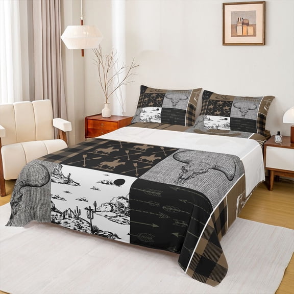 Homewish Tribal Sheep Skeleton Twin Sheet Sets, Brown Grey Buffalo Checkered Twin Fitted Sheet, Rustic Western Hunting Flat Sheet, Breathable Home Decor, 3pcs