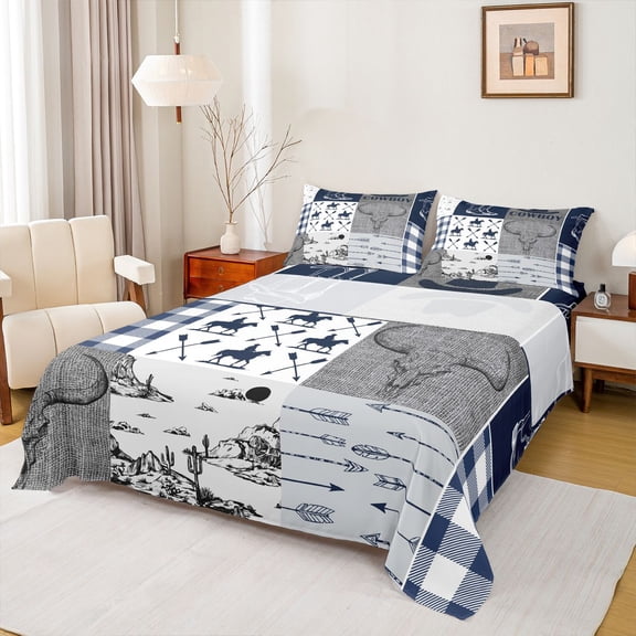 Homewish Tribal Sheep Skeleton Twin Sheet Sets, Grey Navy Buffalo Twin Fitted Sheet, Rustic Western Hunting Flat Sheet, Microfiber Bedroom Decor, 3pcs