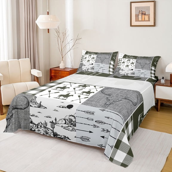 Homewish Tribal Sheep Skeleton Twin Sheet Sets, Grey Olive Buffalo Twin Fitted Sheet, Rustic Western Hunting Flat Sheet, Lightweight Room Decor, 3pcs