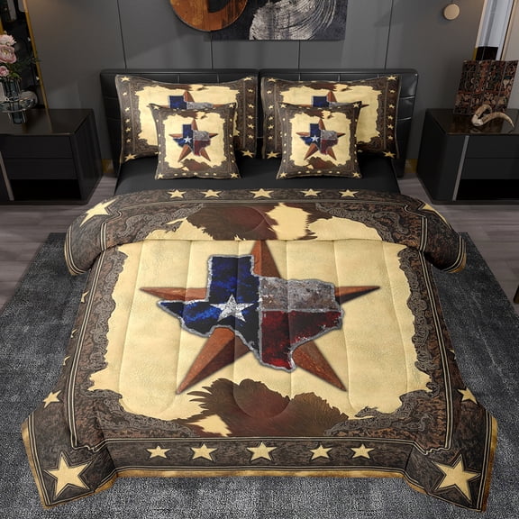 Homewish Tribal Texas Stars Bedding Comforter Set 7pcs, Vintage American Stars King Bedding Sets, Southwestern Style Reversible Bed Sheets, Super Cozy Room Decor