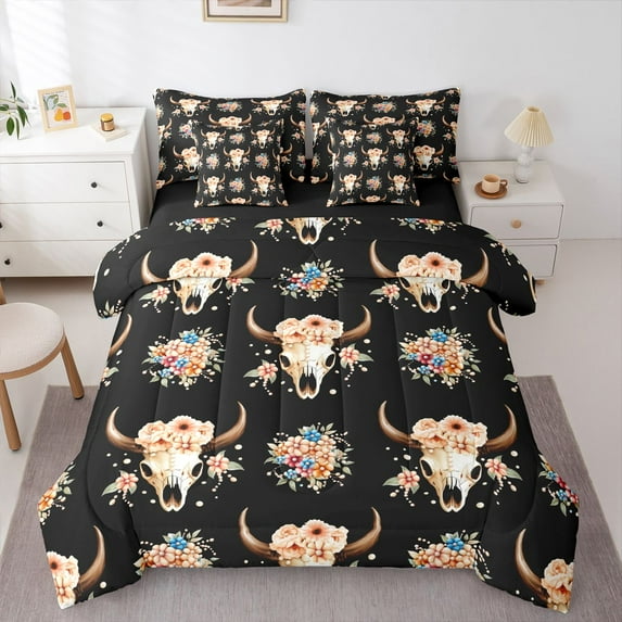 Homewish Tribal Western Skull Bedding Comforter Set 7 Pieces, Hippie Cowgirl Cowboy Full Bedding Set, Teens Kids Boys Girls Reversible Fitted Sheet Flat Sheet, Super Cozy Room Decor