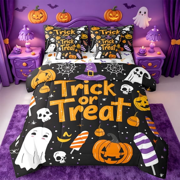 Homewish Trick Or Treat 7 Pieces Full Size Bedding Sets,Cartoon Halloween Ghost Pattern Full Size Bed in a Bag,Halloween Reversible