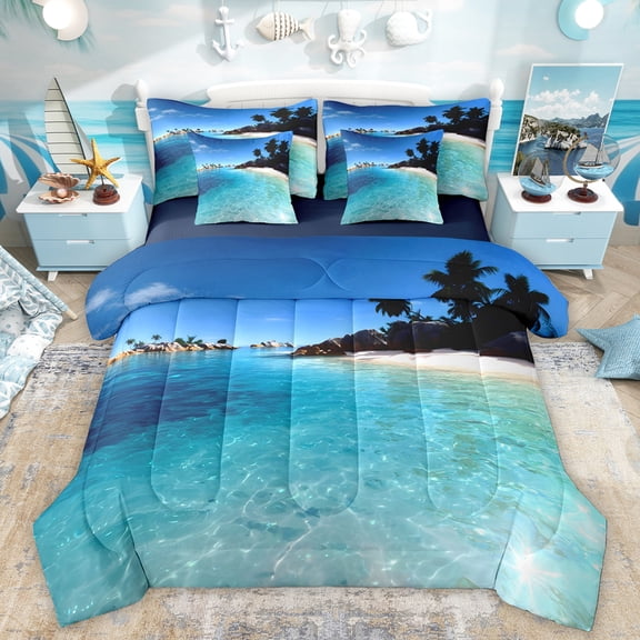 Homewish Tropic Ocean Marine Bedding Comforter Set 7 Pieces, Summer Hawaii Beach Full Bedding Set, Nature Scenery Reversible Fitted Sheet Flat Sheet, Breathable Home Decor