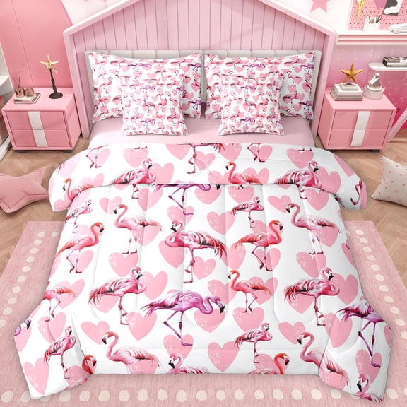 Homewish Tropical Animal Flamingo 7-Piece Bedding Comforter Set,Kawaii Lovea Pattern King Bedding Sets,Pink White Bed Sheets For Girls Teens,Breathable Home Decor Reversible