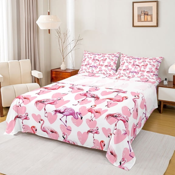 Homewish Tropical Animal Flamingo Bed Sheets,Kawaii Lovea Pattern King Sheets,Pink White Sheet Set For Girls Teens,Breathable Home Decor,4pcs