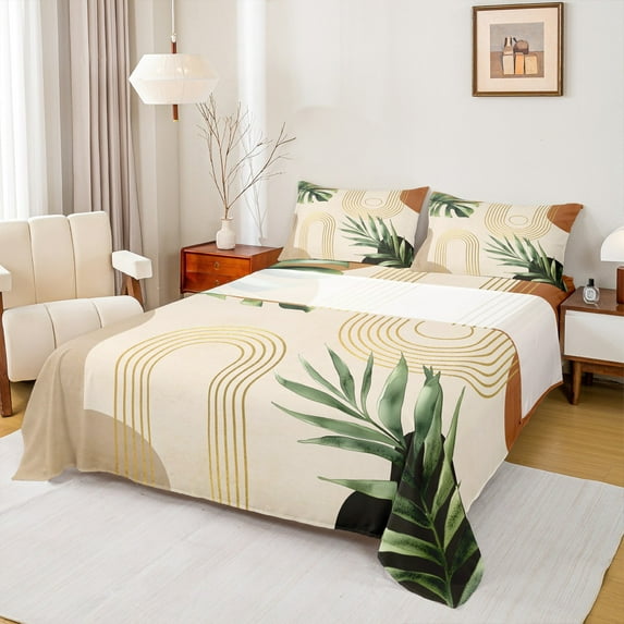 Homewish Tropical Bontical Monstera Bed Sheets,Boho Geometric Lines King Sheets,Beige Green Gold Sheet Set For Teens,Luxury Bedroom Decor,4-Piece