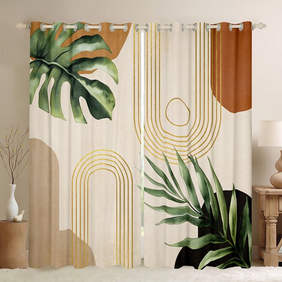 Homewish Tropical Bontical Monstera Black Out Curtains,Boho Geometric Lines Curtains Pack of 2 (42x63 Each),Beige Green Gold Bedroom Curtains For Teens,Luxury Bedroom Decor