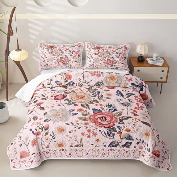 Homewish Tropical Floral Bed Spread Queen,Vintage Flower Queen Coverlet Set For Girls,Pink,3-Piece