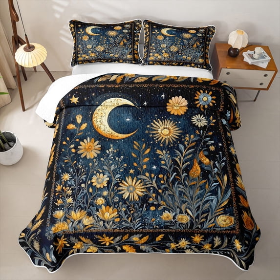 Homewish Tropical Floral Twin Quilt Set, Hippie Moon Stars Twin Coverlet Set, 2-Piece 1 Bedspread and 1 Pillowcase